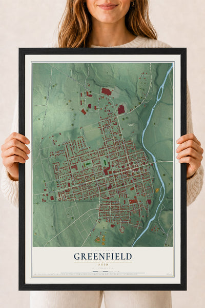 Map of Greenfield, Ohio, 18 x 24 inch print in a black wood frame