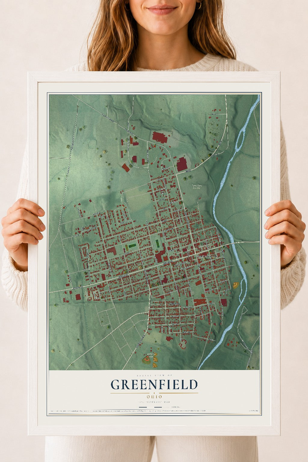 Map of Greenfield, Ohio, 18 x 24 inch print in a white wood frame
