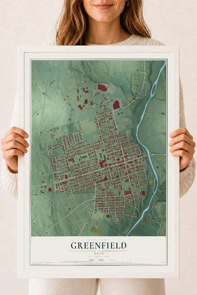 Map of Greenfield, Ohio, 18 x 24 inch print in a white wood frame