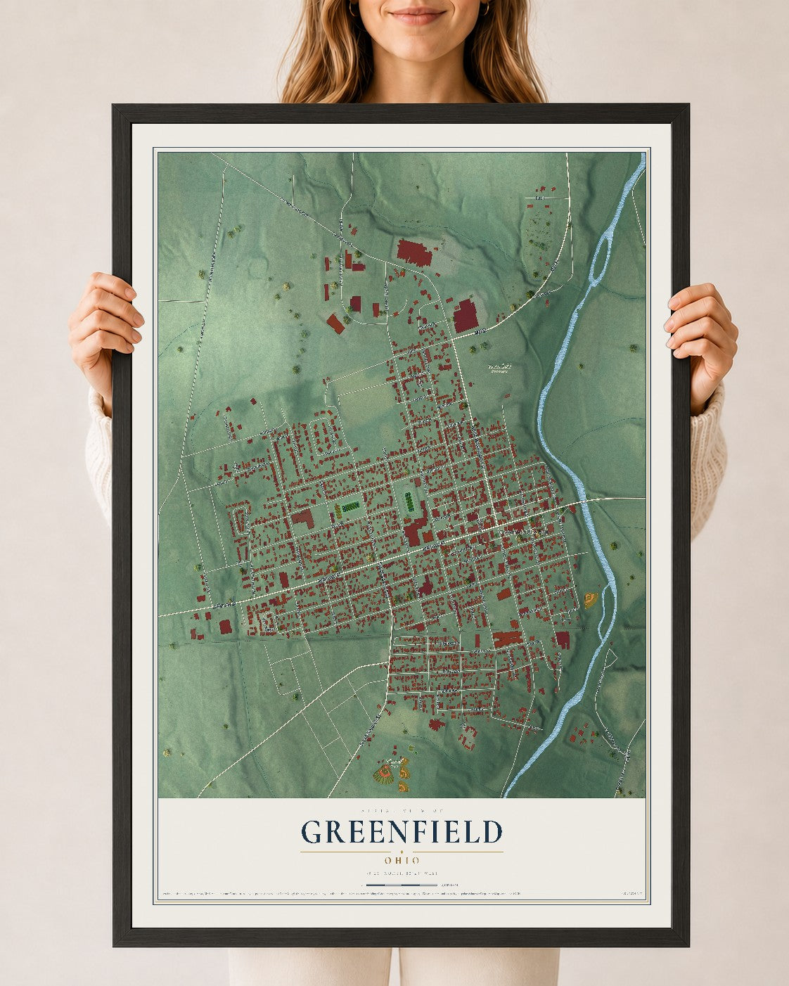 Map of Greenfield, Ohio, 24 x 36 inch print in a black wood frame