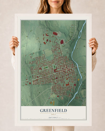 Map of Greenfield, Ohio, 24 x 36 inch print in a white wood frame