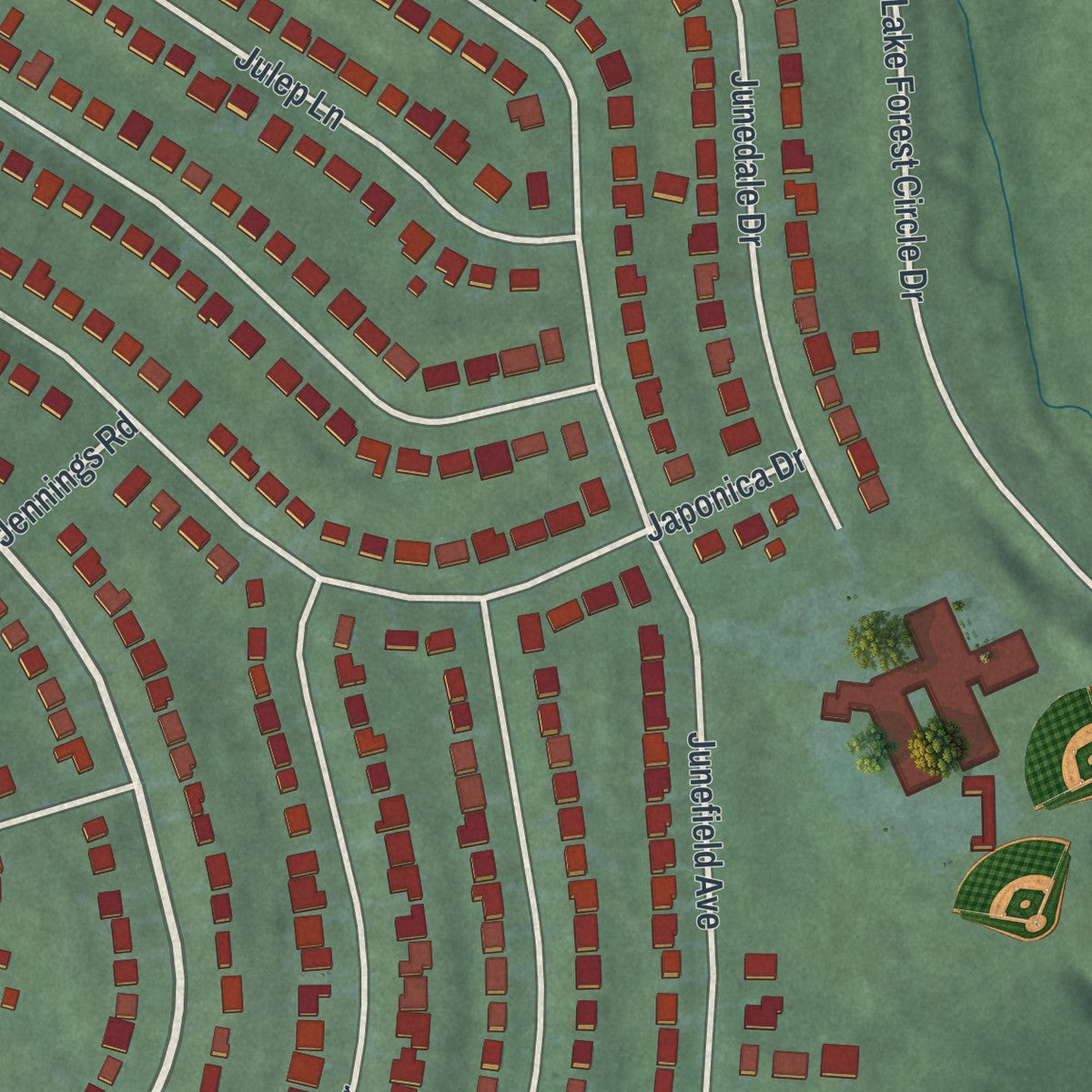 Close-up of the map of Greenhills, Ohio print showing street and building detail
