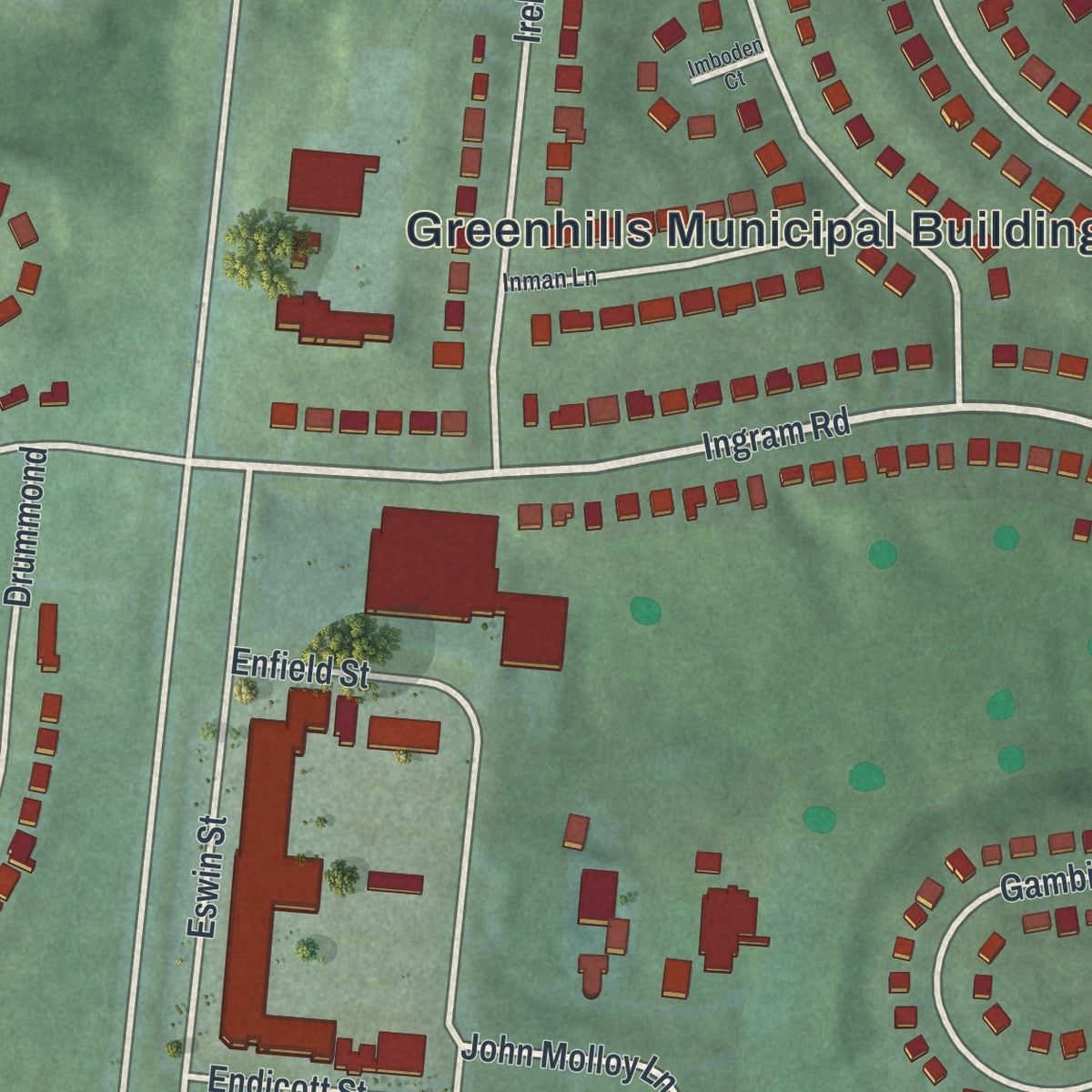 Second close-up of the map of Greenhills, Ohio print showing more streets and buildings