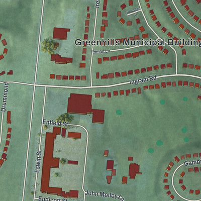 Second close-up of the map of Greenhills, Ohio print showing more streets and buildings