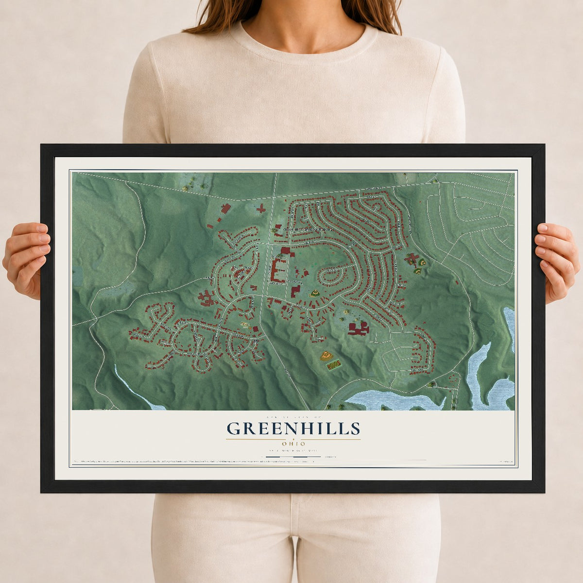 Map of Greenhills, Ohio, 12 x 18 inch print in a black wood frame