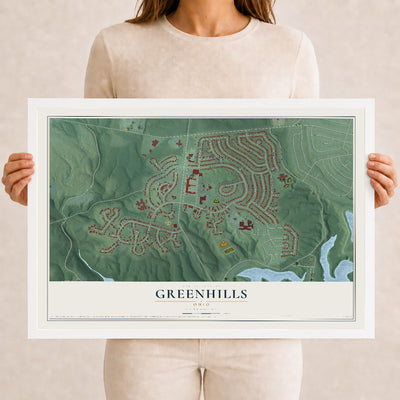 Map of Greenhills, Ohio, 12 x 18 inch print in a white wood frame