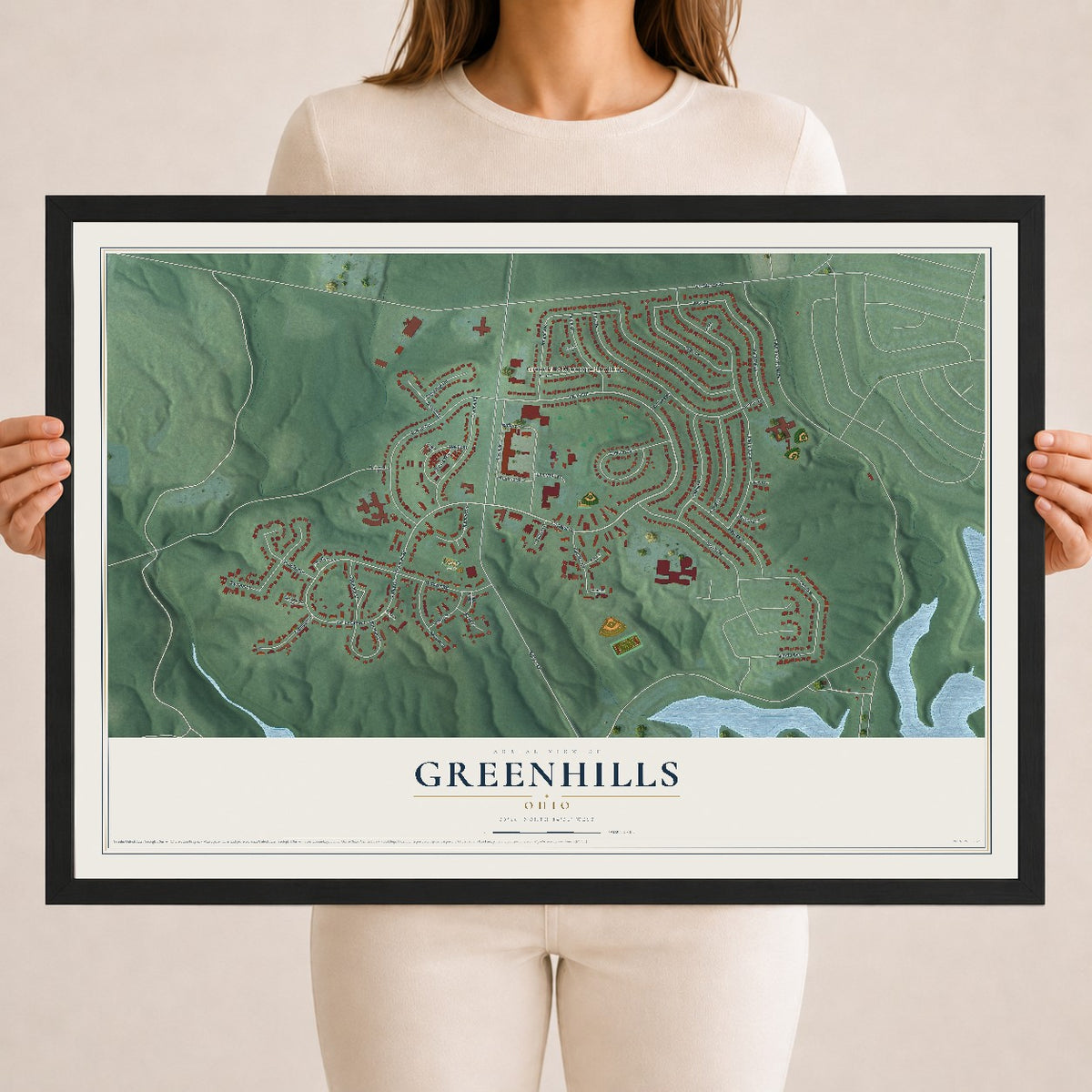 Map of Greenhills, Ohio, 18 x 24 inch print in a black wood frame