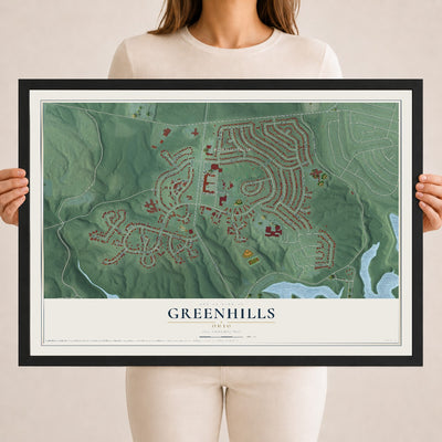 Map of Greenhills, Ohio, 18 x 24 inch print in a black wood frame