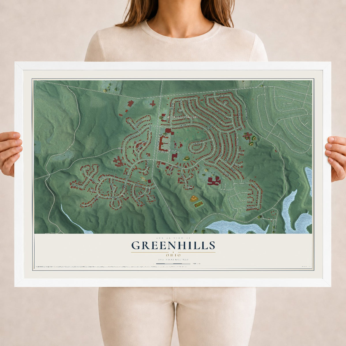 Map of Greenhills, Ohio, 18 x 24 inch print in a white wood frame