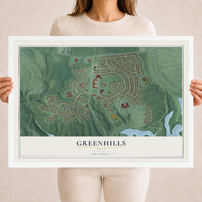 Map of Greenhills, Ohio, 18 x 24 inch print in a white wood frame