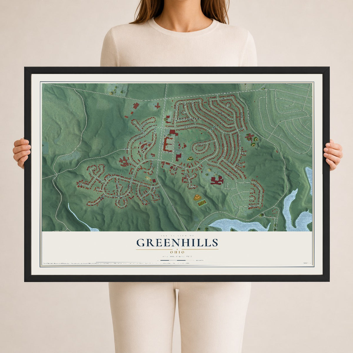 Map of Greenhills, Ohio, 24 x 36 inch print in a black wood frame