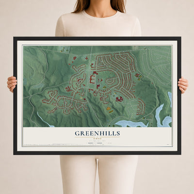 Map of Greenhills, Ohio, 24 x 36 inch print in a black wood frame