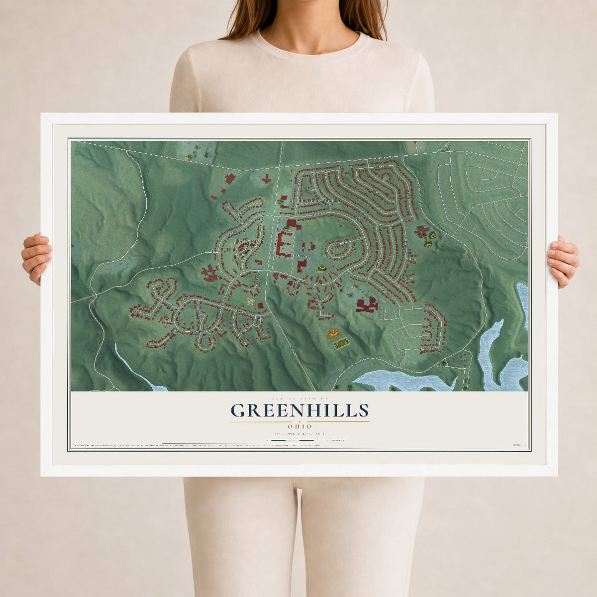 Map of Greenhills, Ohio, 24 x 36 inch print in a white wood frame