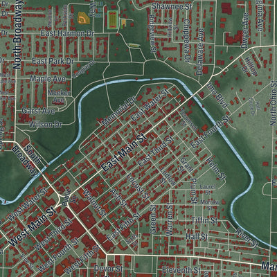 Close-up of the map of Greenville, Ohio print showing street and building detail