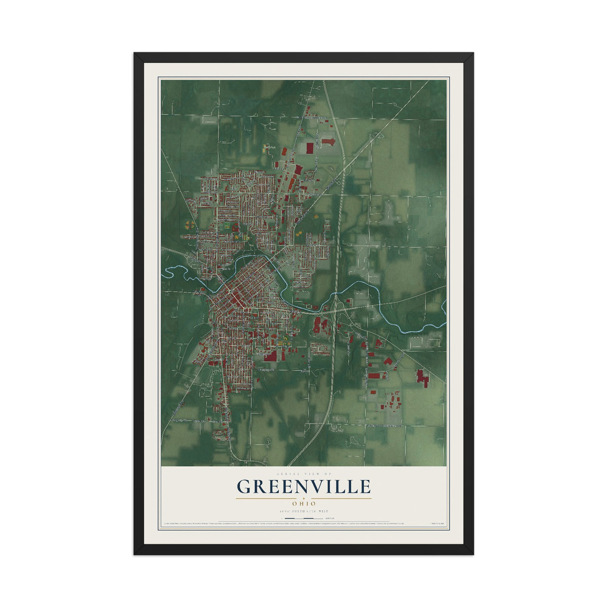 Map of Greenville, Ohio, 12 x 18 inch print in a black wood frame
