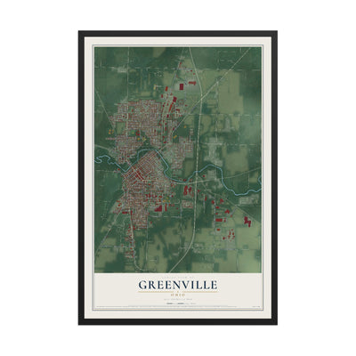 Map of Greenville, Ohio, 12 x 18 inch print in a black wood frame