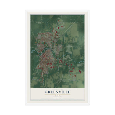 Map of Greenville, Ohio, 12 x 18 inch print in a white wood frame
