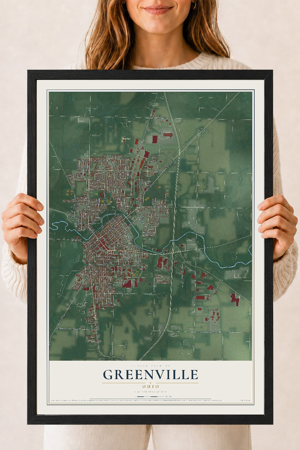 Map of Greenville, Ohio, 18 x 24 inch print in a black wood frame