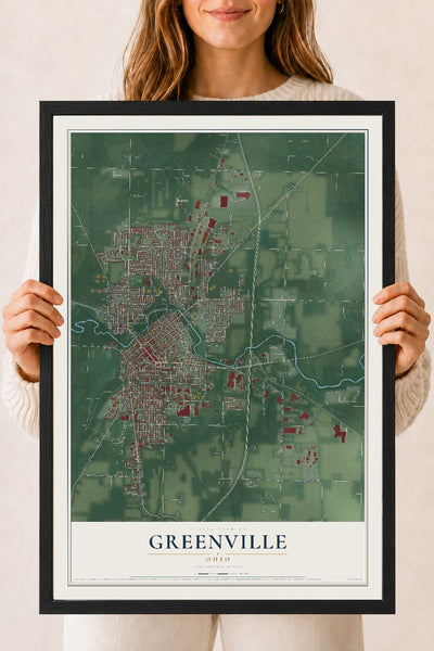 Map of Greenville, Ohio, 18 x 24 inch print in a black wood frame