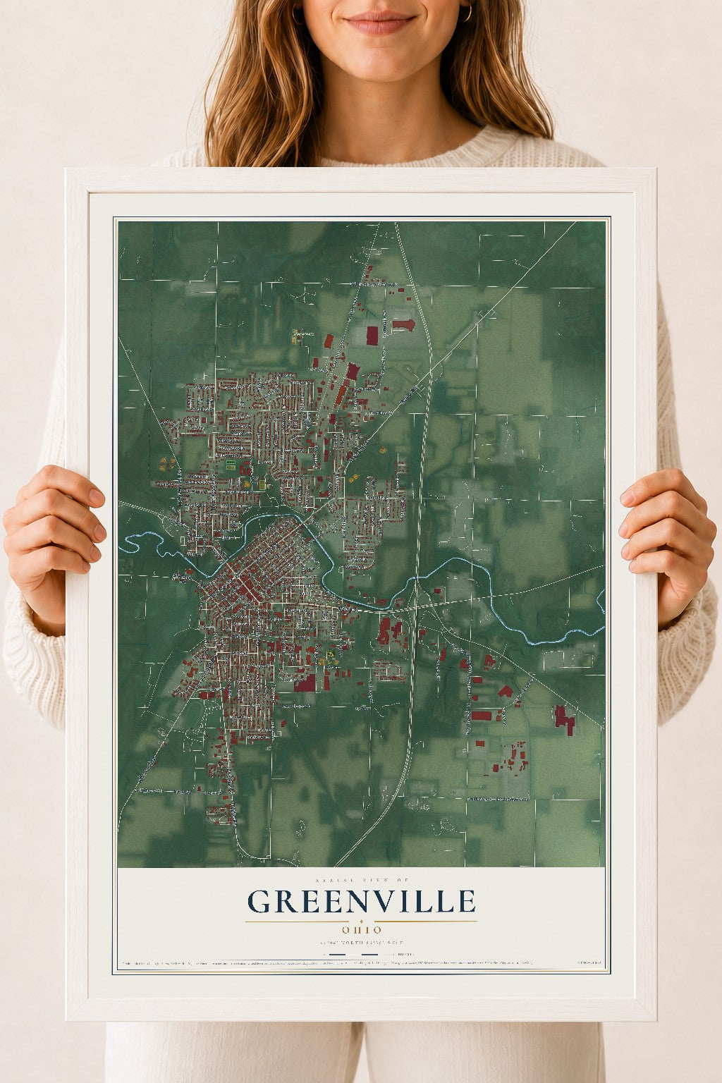 Map of Greenville, Ohio, 18 x 24 inch print in a white wood frame