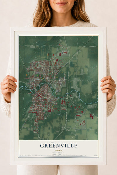 Map of Greenville, Ohio, 18 x 24 inch print in a white wood frame