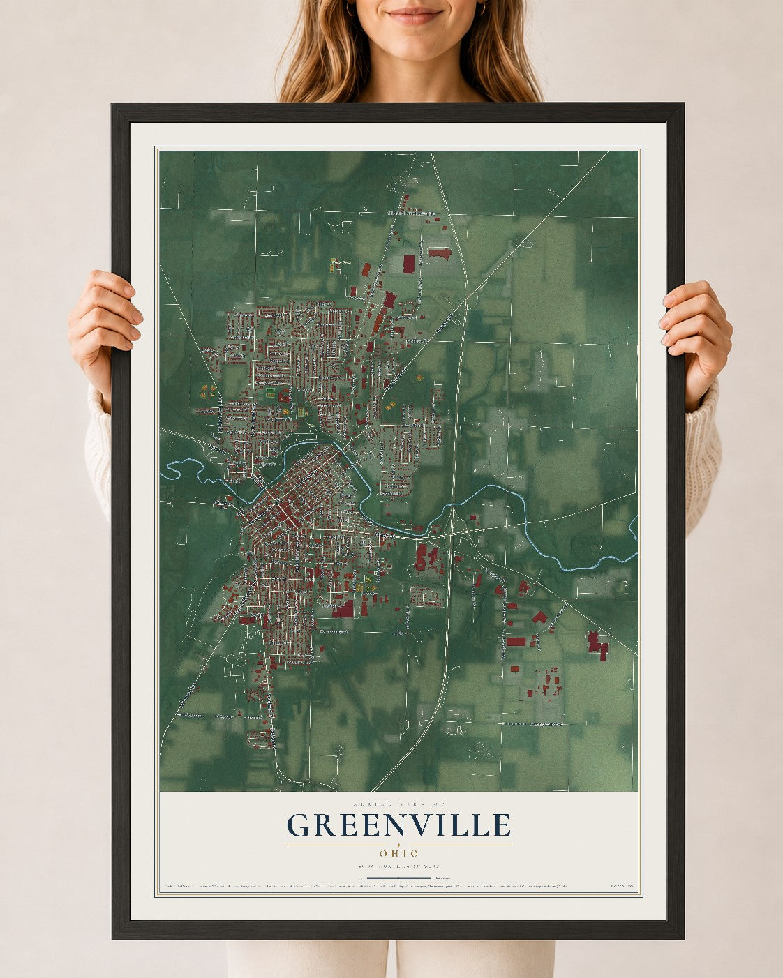 Map of Greenville, Ohio, 24 x 36 inch print in a black wood frame