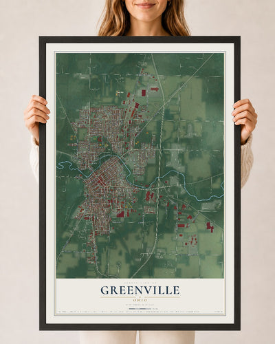 Map of Greenville, Ohio, 24 x 36 inch print in a black wood frame