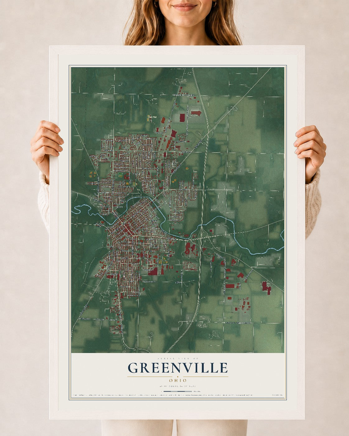 Map of Greenville, Ohio, 24 x 36 inch print in a white wood frame