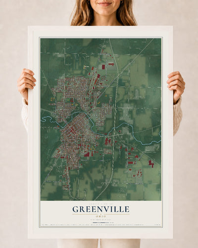 Map of Greenville, Ohio, 24 x 36 inch print in a white wood frame