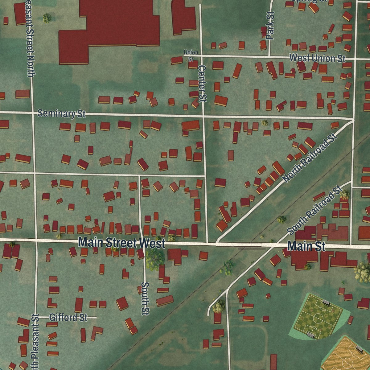 Close-up of the map of Greenwich, Ohio print showing street and building detail