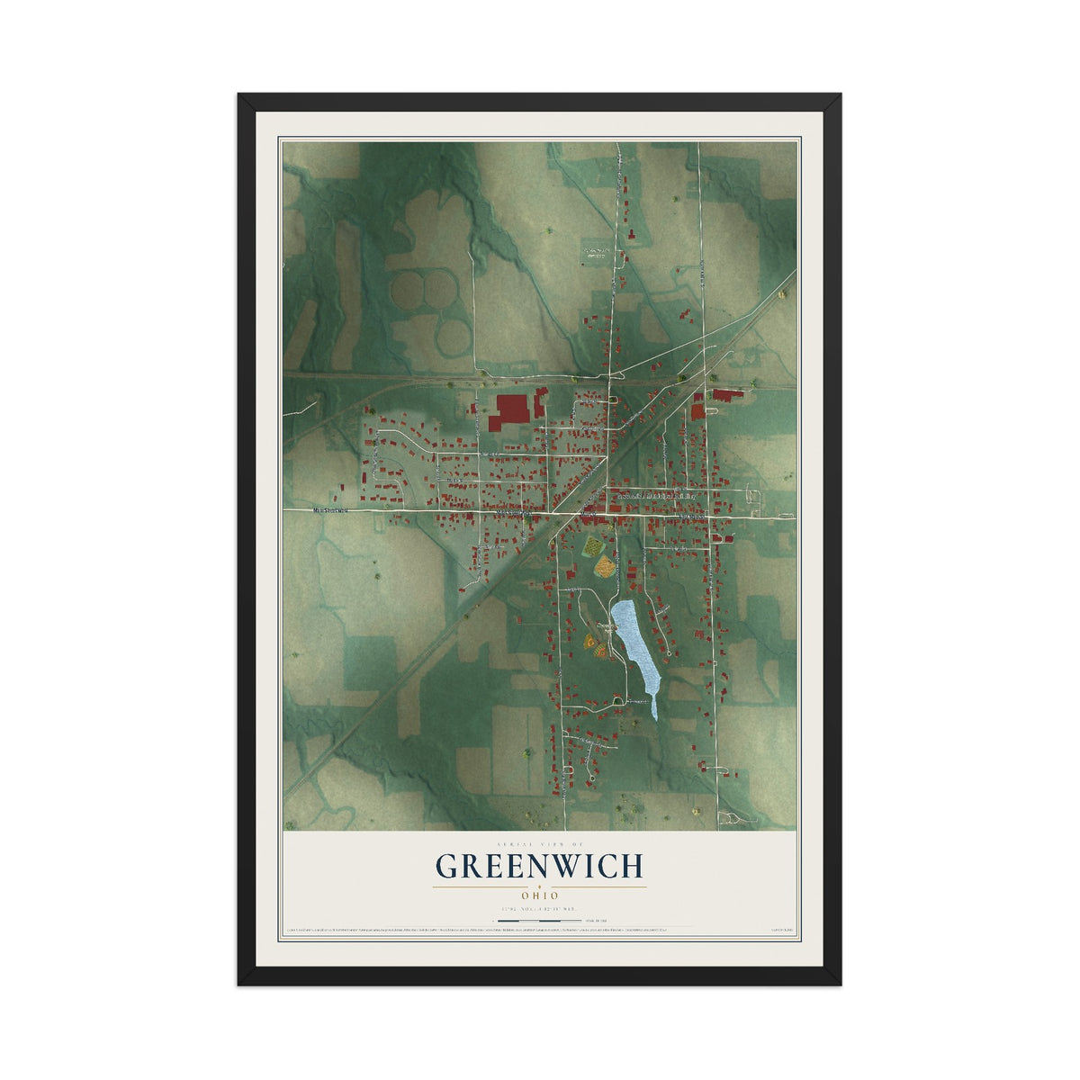 Map of Greenwich, Ohio, 12 x 18 inch print in a black wood frame