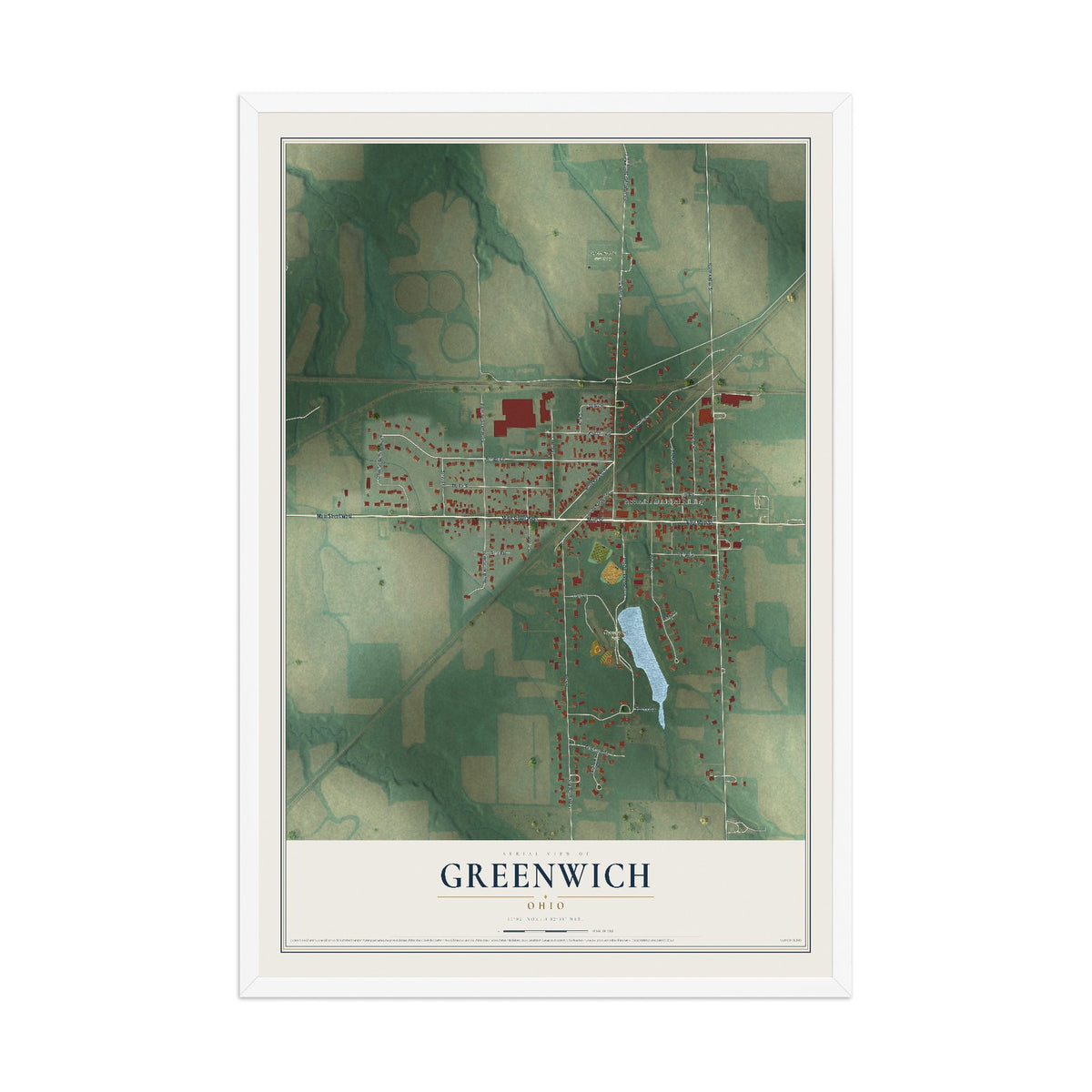 Map of Greenwich, Ohio, 12 x 18 inch print in a white wood frame