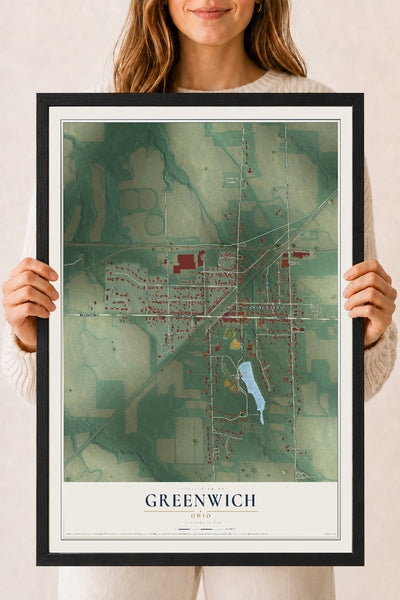 Map of Greenwich, Ohio, 18 x 24 inch print in a black wood frame