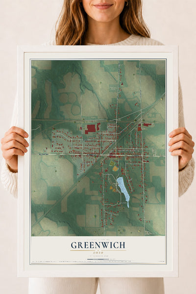 Map of Greenwich, Ohio, 18 x 24 inch print in a white wood frame