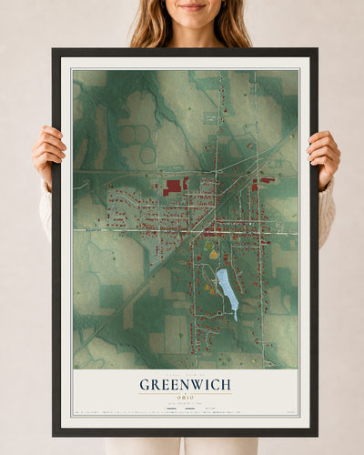 Map of Greenwich, Ohio, 24 x 36 inch print in a black wood frame