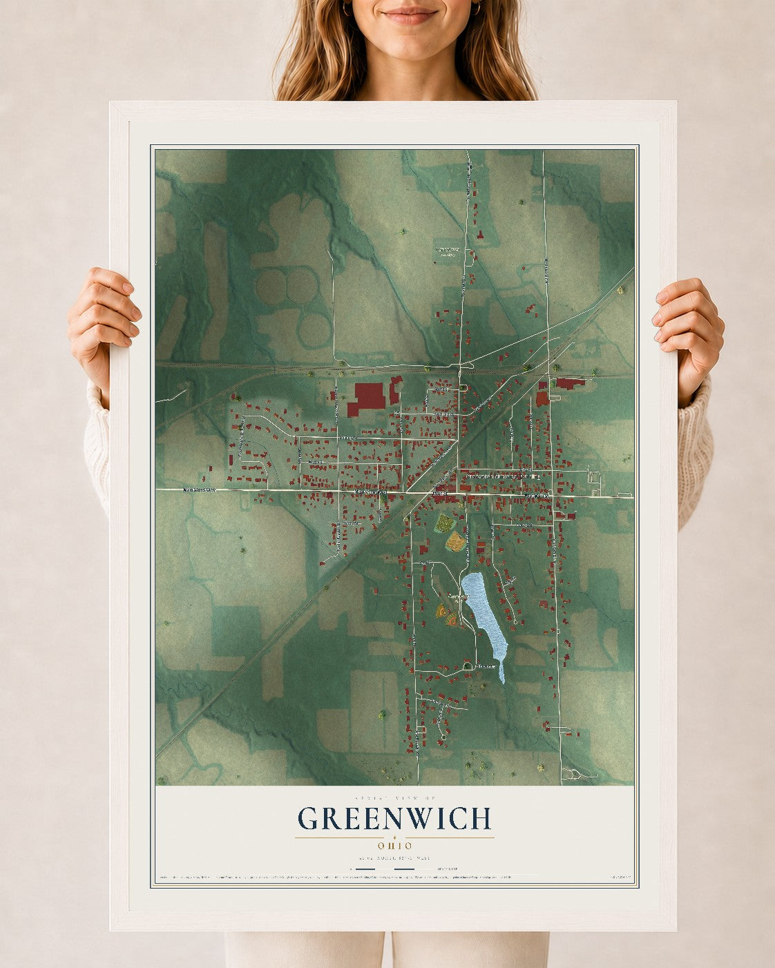 Map of Greenwich, Ohio, 24 x 36 inch print in a white wood frame