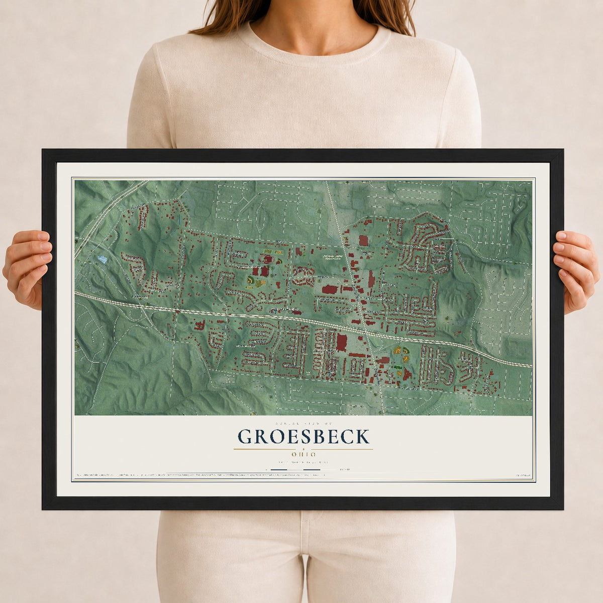 Map of Groesbeck, Ohio, 12 x 18 inch print in a black wood frame