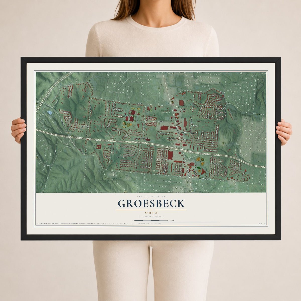 Map of Groesbeck, Ohio, 24 x 36 inch print in a black wood frame
