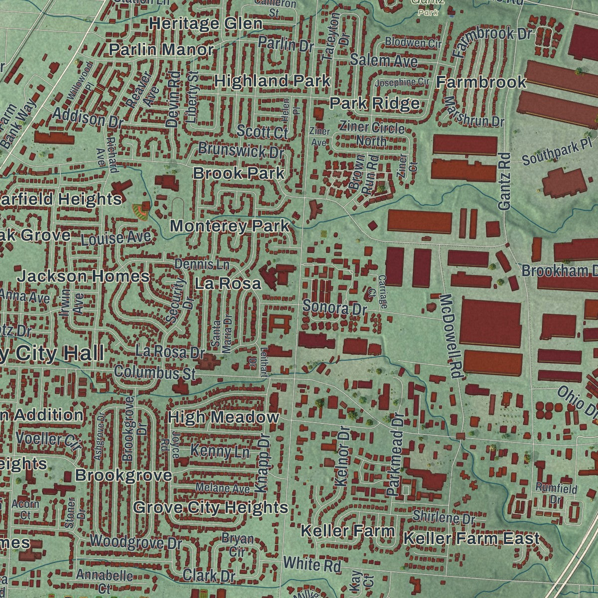 Close-up of the map of Grove City, Ohio print showing street and building detail