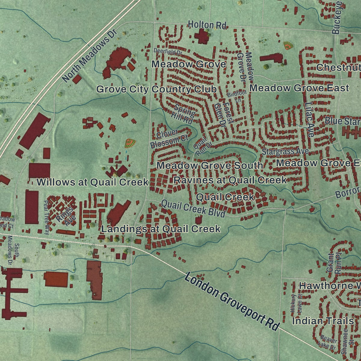 Second close-up of the map of Grove City, Ohio print showing more streets and buildings