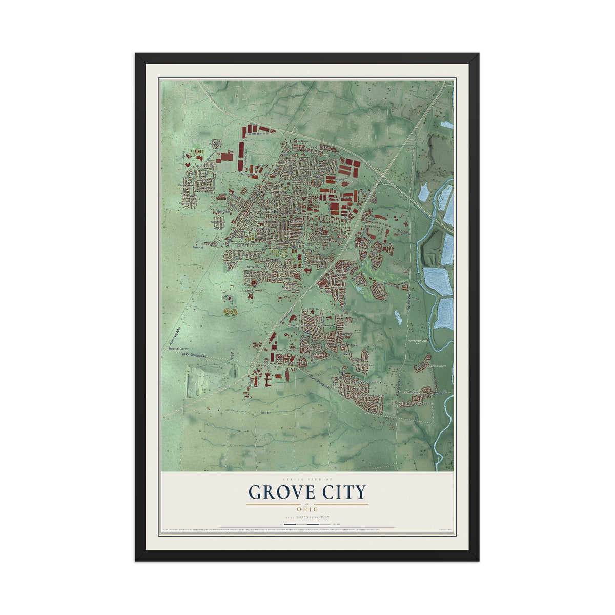 Map of Grove City, Ohio, 12 x 18 inch print in a black wood frame