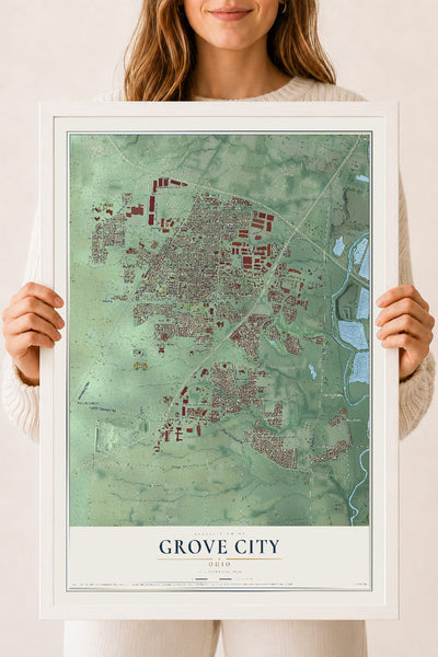 Map of Grove City, Ohio, 18 x 24 inch print in a white wood frame