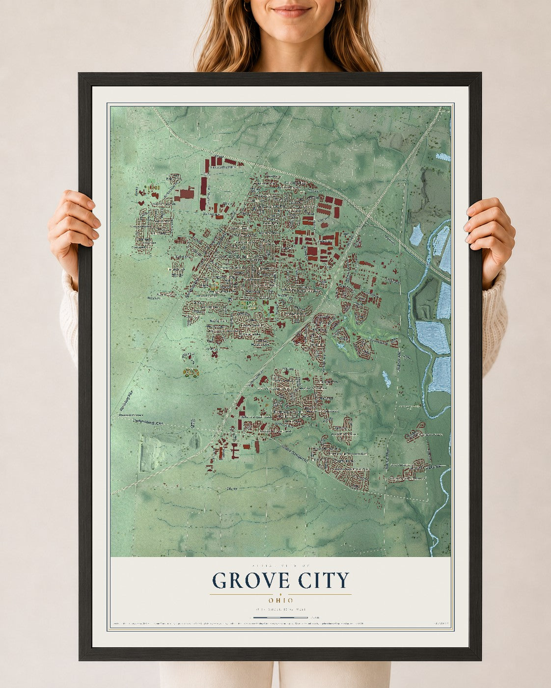Map of Grove City, Ohio, 24 x 36 inch print in a black wood frame