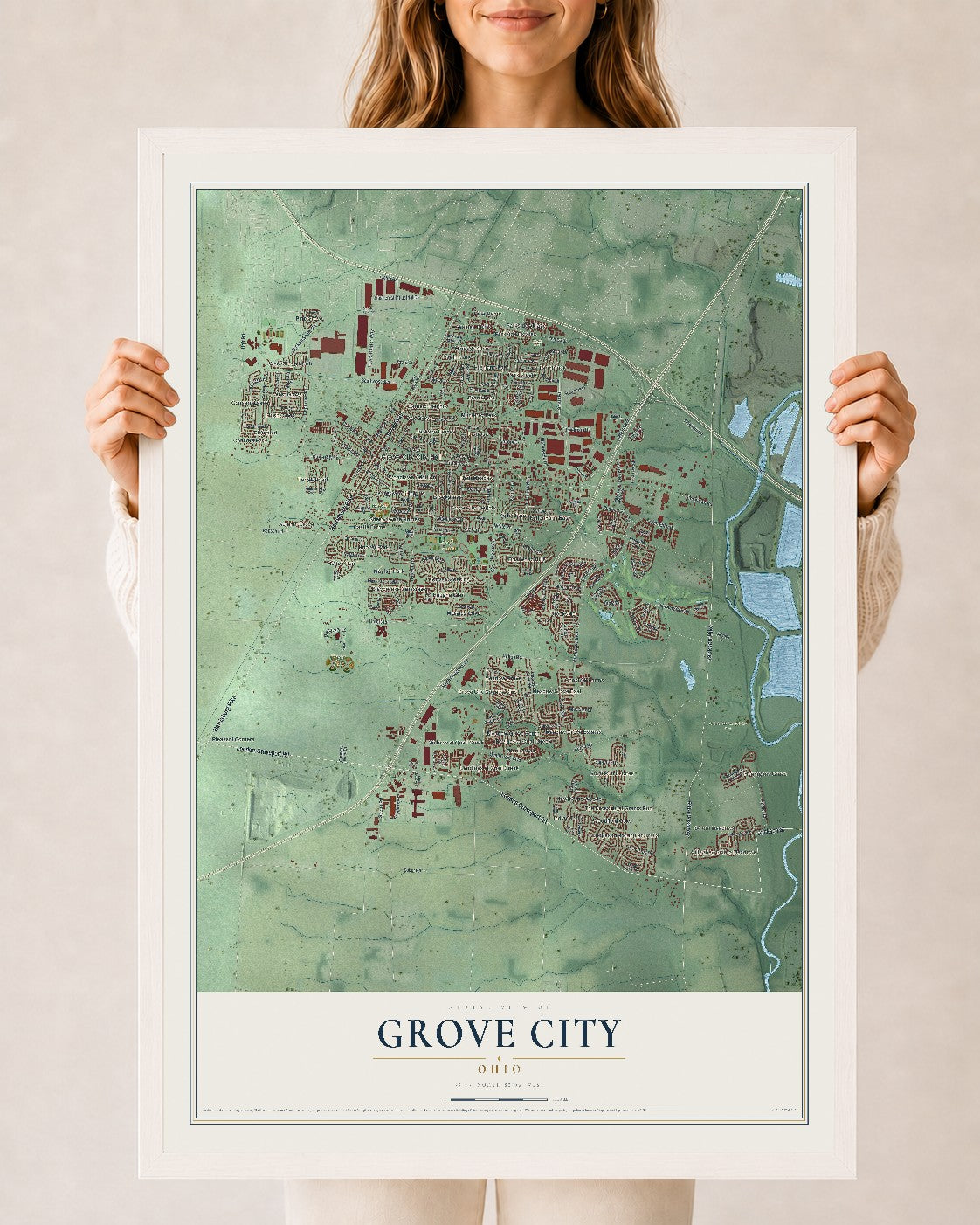 Map of Grove City, Ohio, 24 x 36 inch print in a white wood frame
