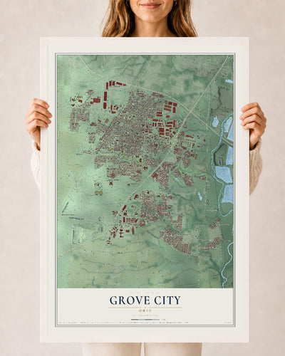 Map of Grove City, Ohio, 24 x 36 inch print in a white wood frame