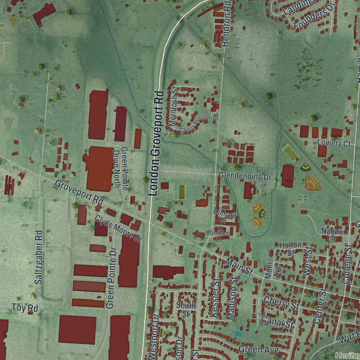 Close-up of the map of Groveport, Ohio print showing street and building detail