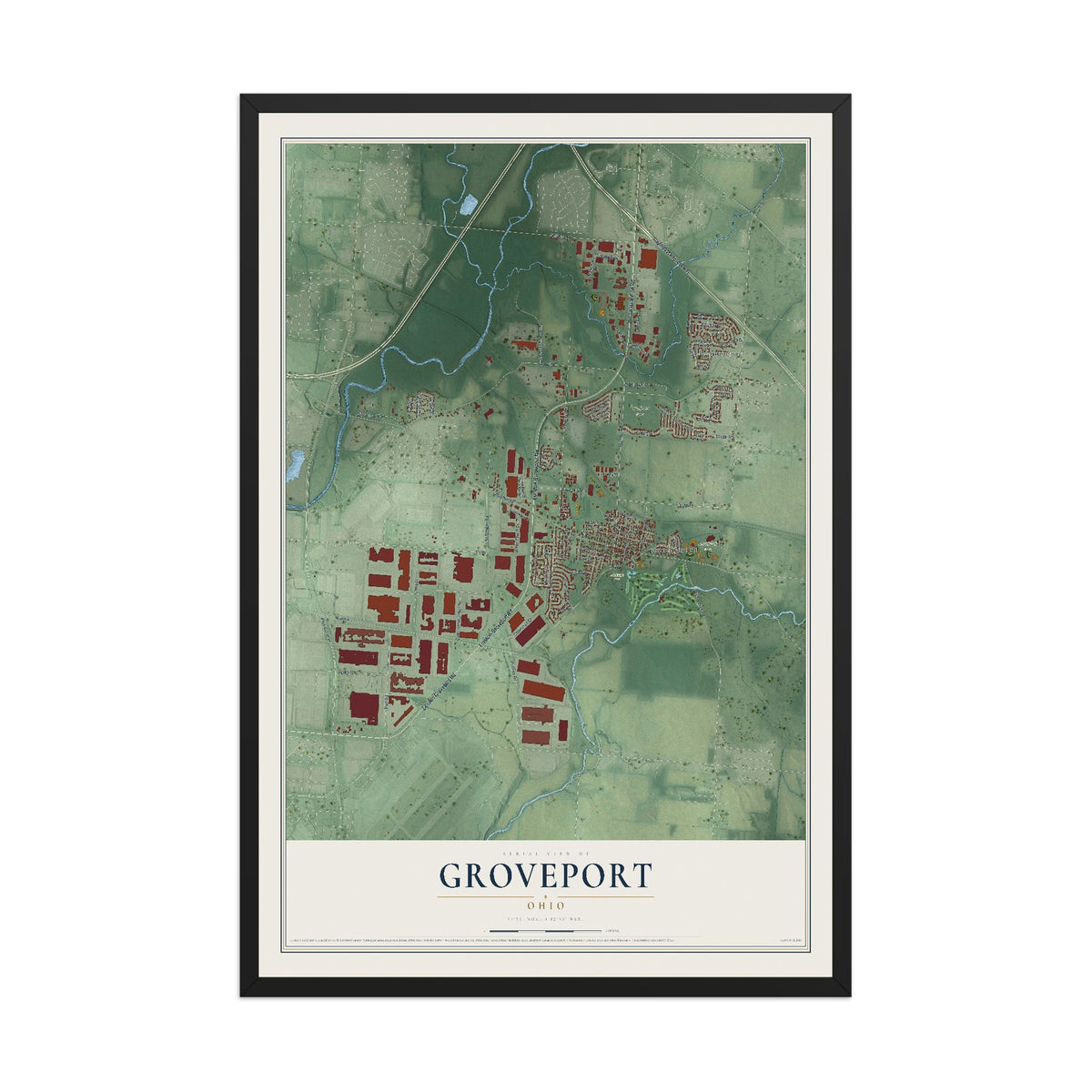 Map of Groveport, Ohio, 12 x 18 inch print in a black wood frame