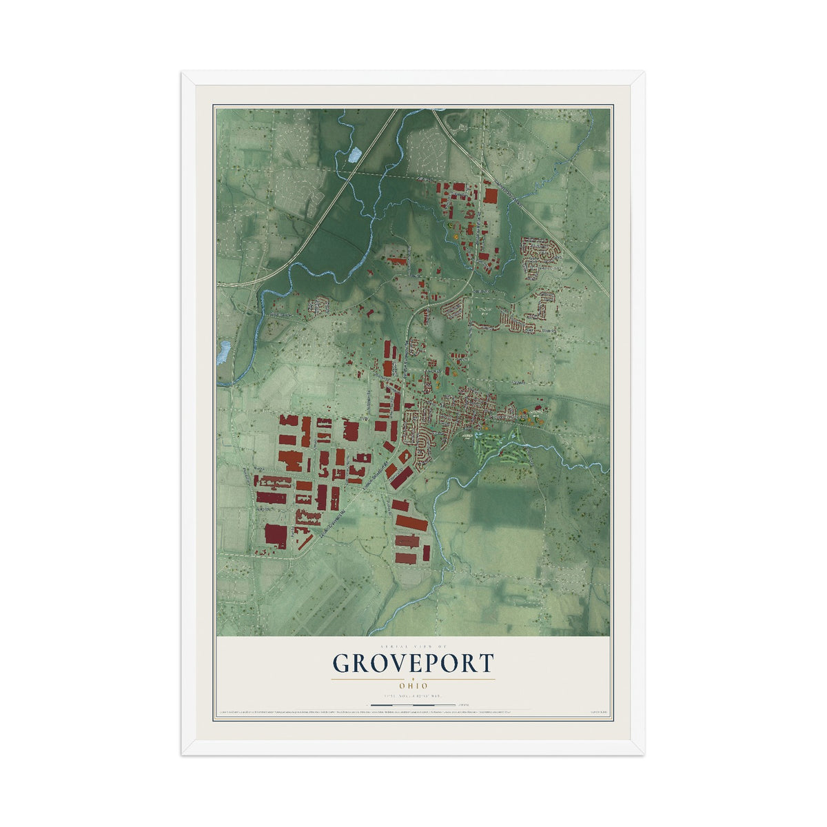 Map of Groveport, Ohio, 12 x 18 inch print in a white wood frame