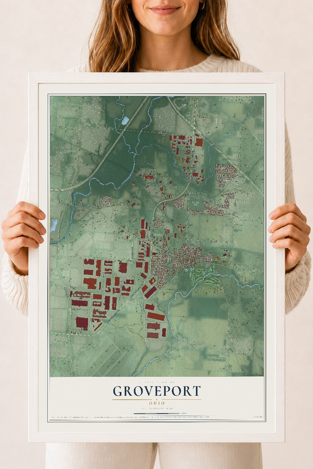 Map of Groveport, Ohio, 18 x 24 inch print in a white wood frame