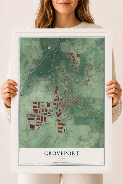 Map of Groveport, Ohio, 18 x 24 inch print in a white wood frame